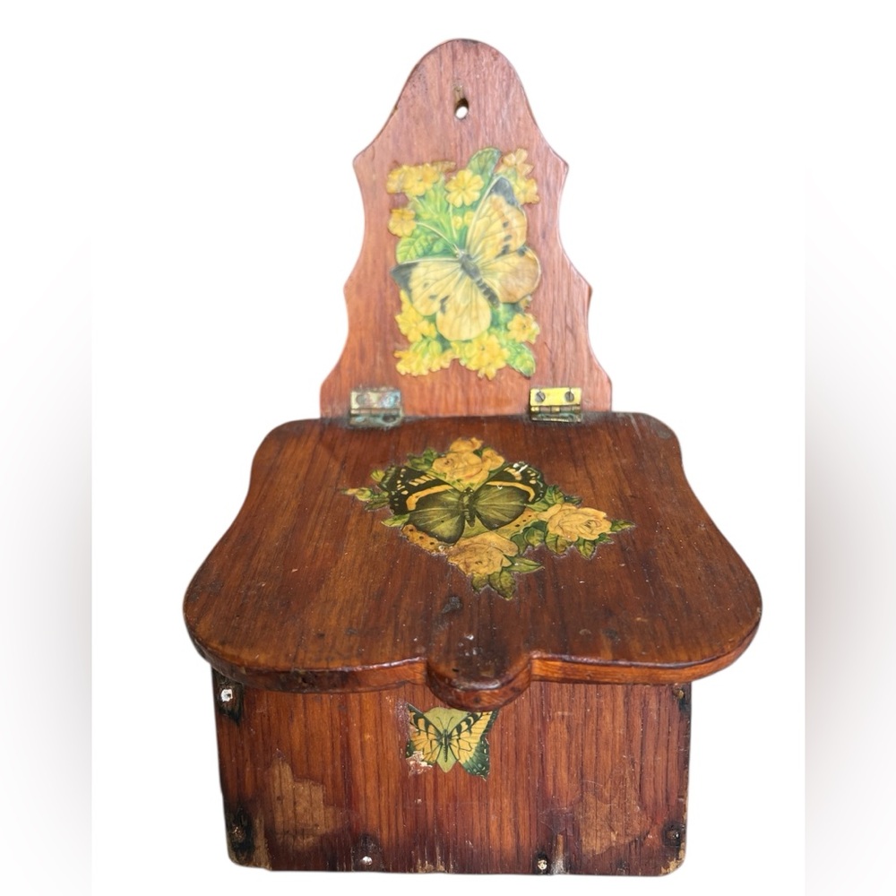 Vintage Handmade Wooden Salt Box, Butterfly Wall Box